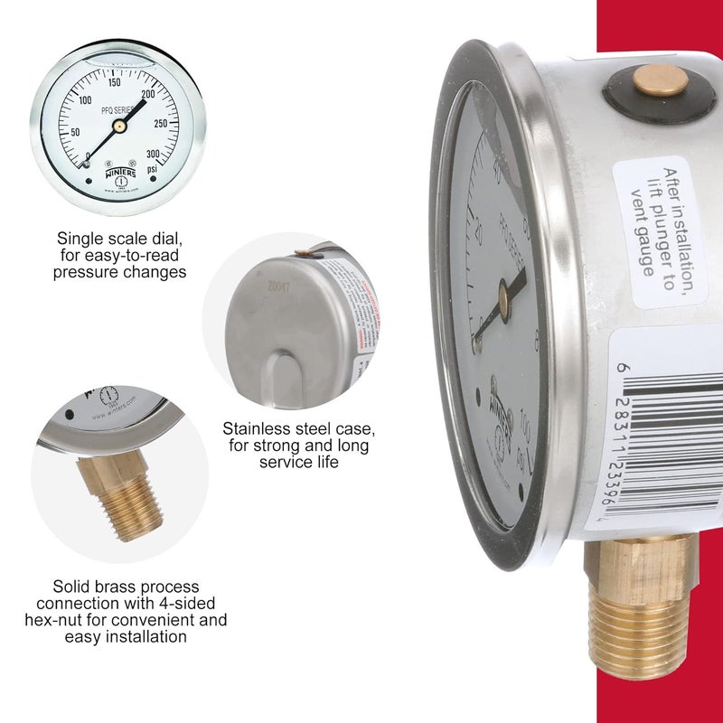Winters Instruments Winters 2-1/2" Dial Size, Liquid Filled Industrial Pressure Gauge, Brass Internals, 304 Stainless Steel Case, Single Scale 0-300 psi, 1.5% Acc, 1/4" NPT Bottom Mount, Glycerin Filled Pressure Gauge - Image 5
